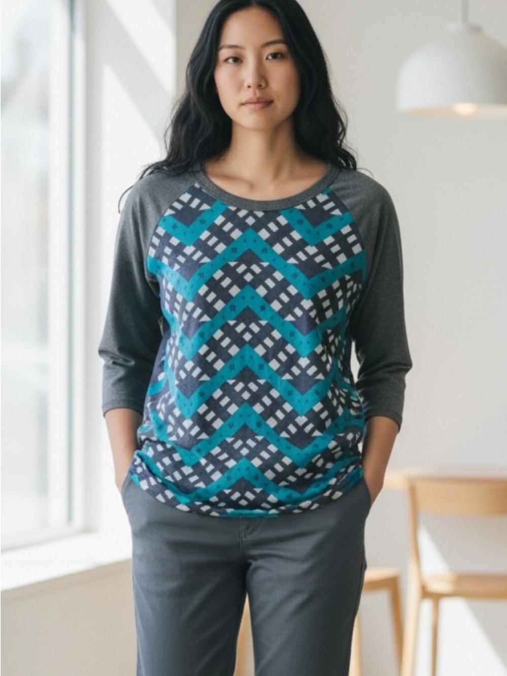 LuLaRoe Gray and Teal Geometric Raglan Long Sleeve Top